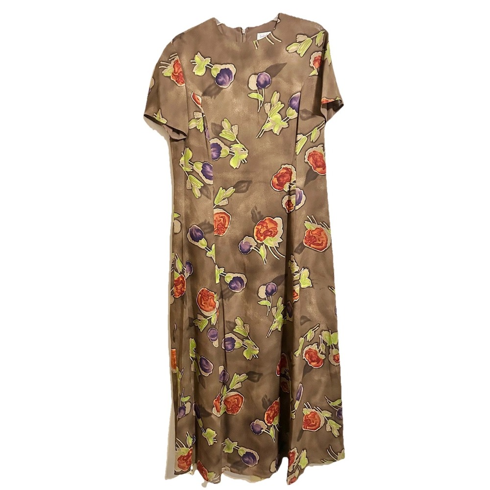 ISABELLA BIRD 100% Silk Vintage Maxi Dress Brown Purple Floral Print